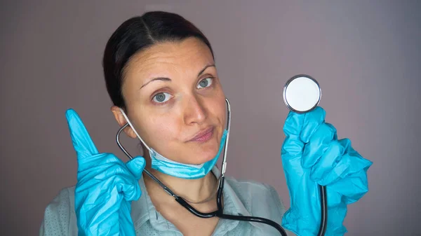 Portrait Doctor Nurse Stethoscope Blue Uniform Protective Mask Latex Gloves — Stock Photo, Image