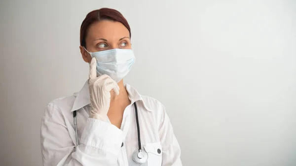 Female Doctor Medical Mask Stethoscope Latex Gloves White Background — Stock Photo, Image