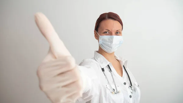 Nurse Doctor Surgical Mask Rubber Gloves Gives Thumbs — Stock Photo, Image