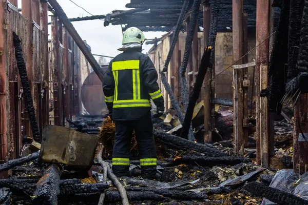 itfaiyeci tamamen yanmış çiftlik felaket sahne kalıntıları arasında duruyor