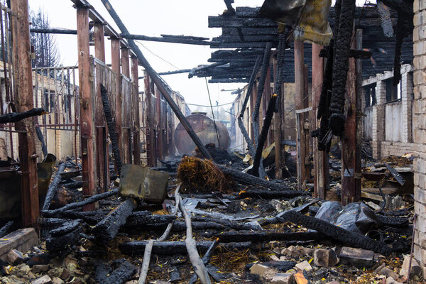 the ruins of a fully burned farm, disaster scene