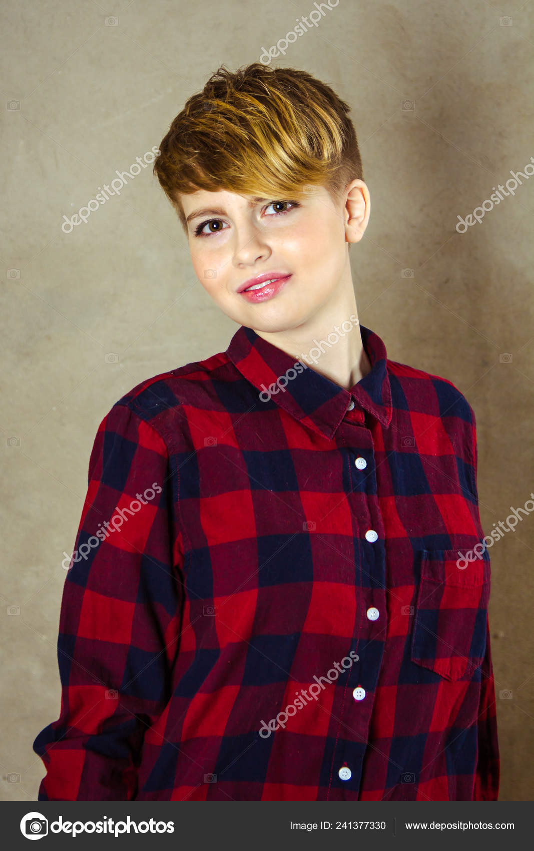 Teenager Girl Short Haircut Concrete Wall Background Stock