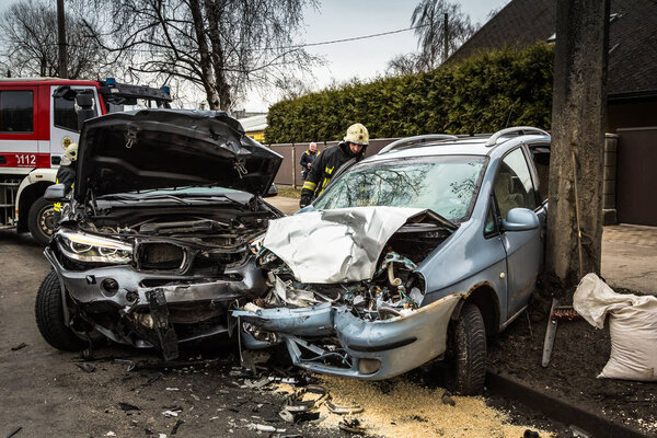 Car accident on a road in March 21, 2019, cars after frontal col