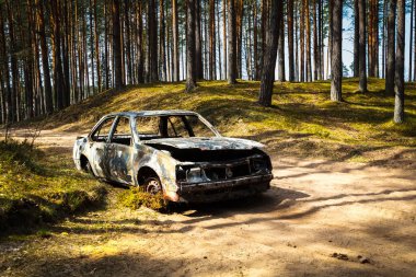 Kumlu yolda spirng ormanda tamamen yanmış araba