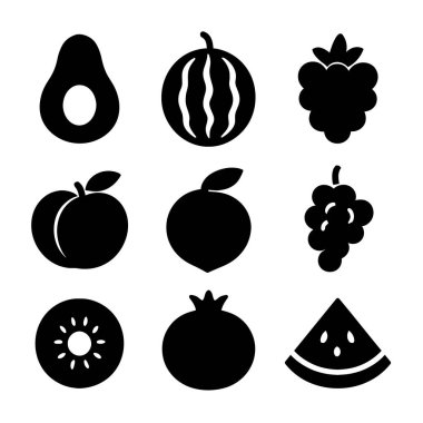 Avokado, karpuz, böğürtlen, şeftali, erik, üzüm, kivi, nar ve karpuz dilimi gibi çeşitli meyveleri temsil eden dokuz siyah siluet simgesi..
