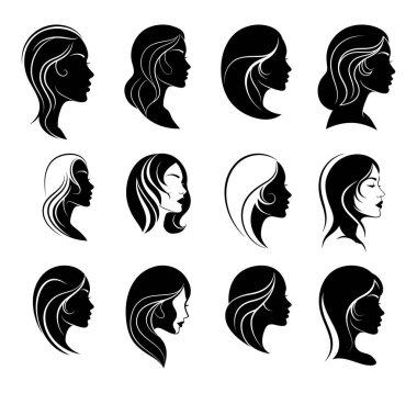 Kadın kafalarının siyah ve beyaz siluetlerinden oluşan bir şebeke, çeşitli saç şekilleri ve dokuları sergiliyor..