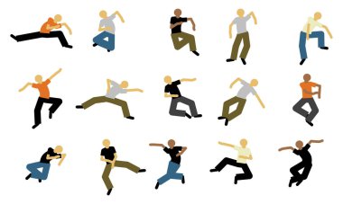 Farklı dinamik pozlar ve beyaz arka plana karşı hareketler sergiliyor..