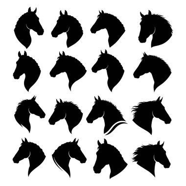 Beyaz arka planda farklı türler ve yeleler gösteren siyah at kafası siluetleri..