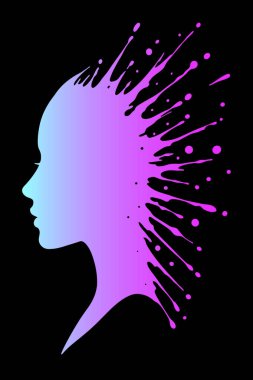 Bir kadının kafasının profil silueti, siyah bir arka planda canlı, renkli bir boyaya dönüşür..