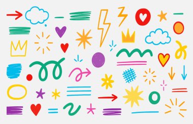 Yürekler, yıldızlar, bulutlar, oklar, yıldırımlar ve çeşitli parlak renklerde soyut şekiller içeren el yapımı karalama ikonları..