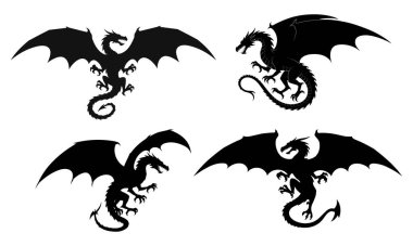 Dinamik uçuştaki efsanevi ejderhaların dört siyah siluet çiziminden oluşan bir koleksiyon beyaz arka plana karşı duruyor..