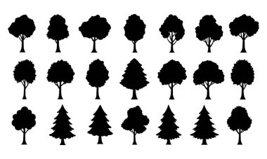 Yaprak döken ve kozalaklı türler de dahil olmak üzere çeşitli ağaç siluetlerinden oluşan bir koleksiyon, beyaz arkaplana karşı siyah olarak sunulmuştur..