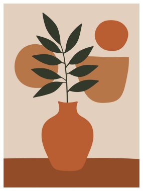 Koyu yeşil yapraklı bir dalı tutan terracotta vazosunun soyut sıcak tonlu şekillere karşı dizilmiş minimalist bir illüstrasyon..