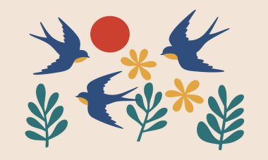 Uçuşta üç koyu mavi kırlangıcın yer aldığı, soyut sarı çiçekler ve krem rengi arka planda yeşil yapraklarla çevrili minimalist bir çizim..
