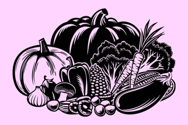 Balkabağı, brokoli, mısır, patlıcan ve biber içeren bol sebze hasadının siyah ve beyaz mürekkep çizimi..