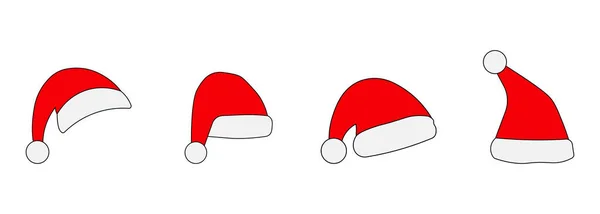 Vektor Set Von Flachen Ikonen Des Roten Weihnachtsmannhutes Mit Bommel — Stockvektor