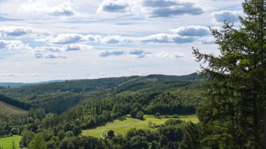 Bulutlu gökyüzünün altındaki yeşil tepeler ve ormanlık vadi. Yuvarlanan kırsalla manzaralı yaz manzarası