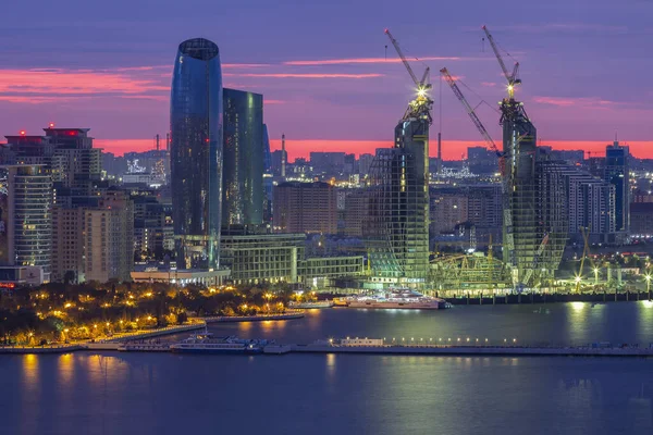 Night panoramic view of the city and seaside boulevard. Baku city capital of Azerbaijan.