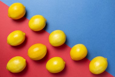 Kırmızı ve mavi arkaplanda limonlar. Düz narenciye. Geometrik konsept.