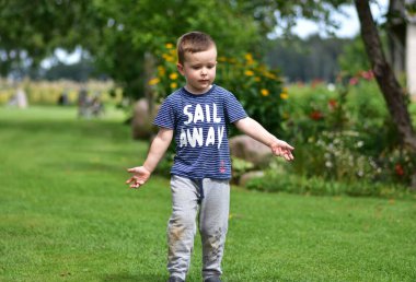 Çizgili tişörtlü genç adam etrafta çiçekler ve ağaçlarla kırsal alanda yürüyor. Basit kırsal bir çocukluk ve kaygısız bir yaz günü..