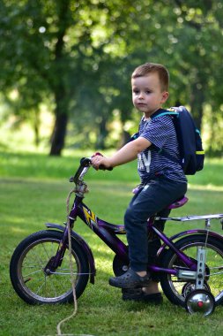 Young boy riding a small purple bicycle with training wheels in a sunny park, wearing striped shirt and backpack. Childhood, learning, outdoor activity.