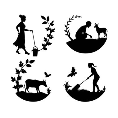 Kırsal yaşam ve tarımı tasvir eden dört siyah siluet