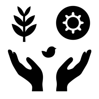 Eller, doğayı ve sanayiyi simgeleyen bitki ve teçhizatla bir kuşu tutuyor.