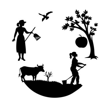 Kırsal yaşam ve çiftçilik faaliyetleri dairesel bir siluet tasarımında resmedilmiştir.