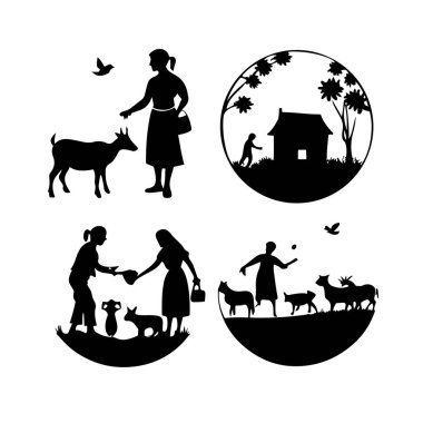 Doğal ortamlarda insan ve hayvanların kırsal yaşam siluetleri