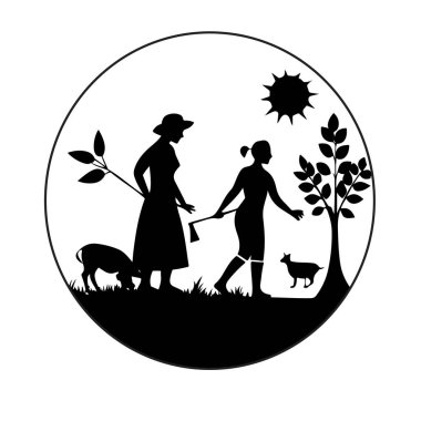 Çiftlik hayvanları ve bitkilerle güneşin altında yürüyen iki kadının silueti.