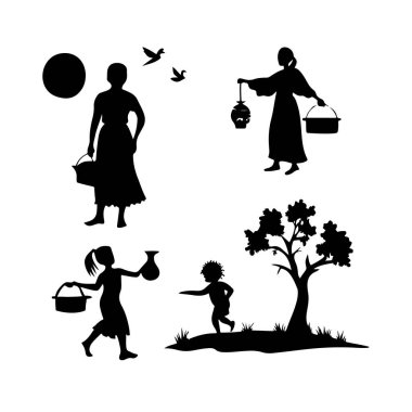 Bir köy sahnesinde insan siluetleri ve bir ağaç.