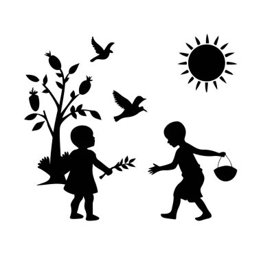 İki çocuğun siluetleri kuşlarla ve güneşin altında bir ağaçla oynuyor.