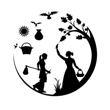 Kuşlar ve güneşle dairesel bir resimde ağaçtan meyve toplayan iki kadın.