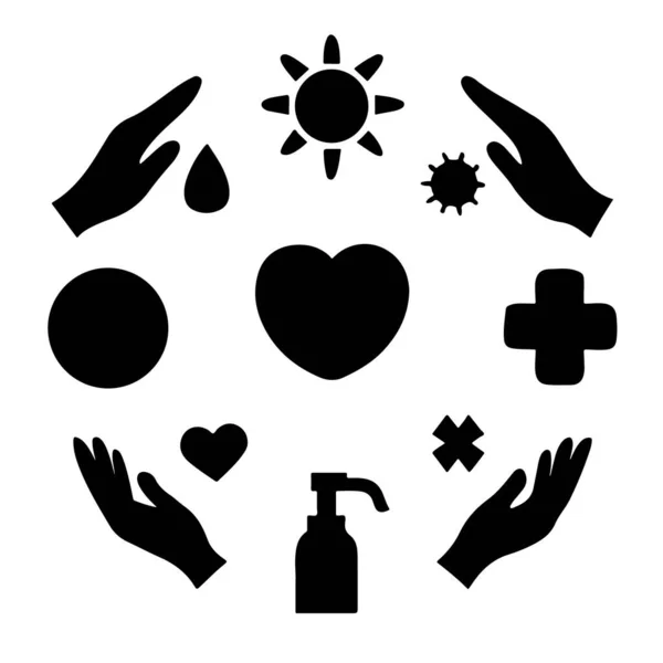 Kalp ve güneşi koruyan elleri olan sağlık ve güvenlik simgeleri.