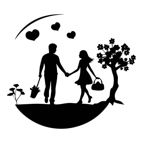 Hilal ayın altında, kalpler ve ağaçla el ele yürüyen bir çift.