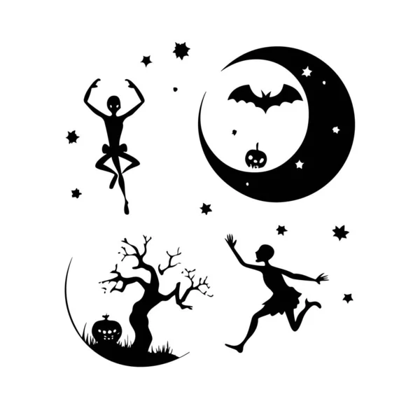 Dans eden iskeletlerin ve hilal şeklindeki ayın yer aldığı Cadılar Bayramı siluetleri