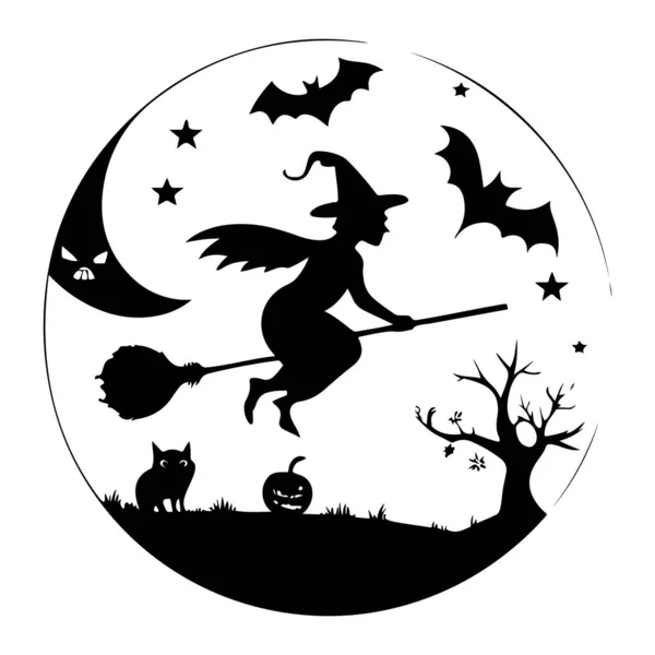 Süpürgeyle uçan bir cadının silueti dolunay ve yıldızlı gece gökyüzüne karşı