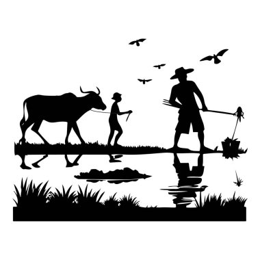 Farmer and child with cow in silhouette at sunrise with birds flying overhead