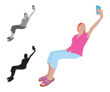 Gerçekçi düz bir koltukta otururken selfie çekici genç bir kadın çizimi renkli