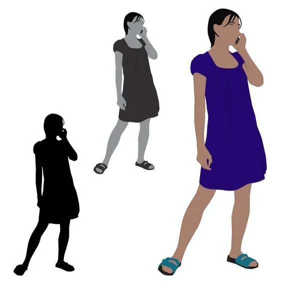 現実的なフラット色の携帯電話で話している女性のイラスト — ストックベクタ