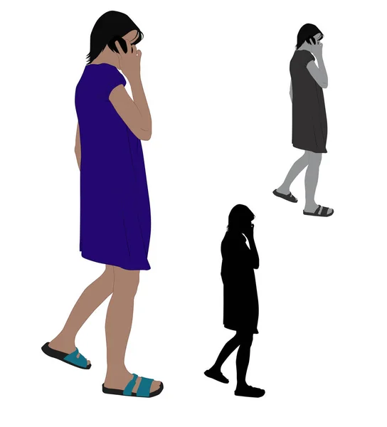 Illustrazione Realistica Colori Piatta Una Donna Che Parla Telefono Cellulare — Vettoriale Stock