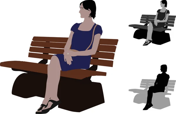 Illustrazione Realistica Colori Piatta Una Donna Occasionale Seduta Una Panchina — Vettoriale Stock
