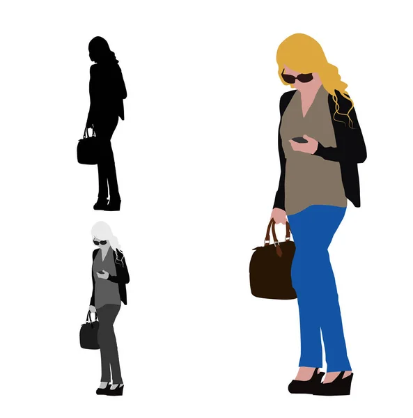 Realistic Flat Colored Illustration Woman Walking Her Mobile Phone Hand — Stock Vector