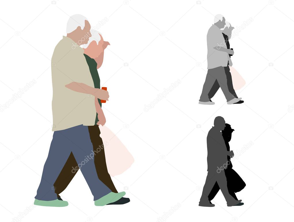 Realistic flat colored illustration of two walking old men 