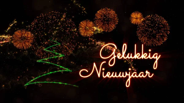 Новогодний Текст Голландском Языке Fukkig Над Соснами Искрами Фейерверками Снежном — стоковое фото