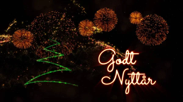 Boldog Évet Szöveg Godt Nyttar Fenyő Tűzijáték Csillogó Részecskéket Norvég — Stock Fotó