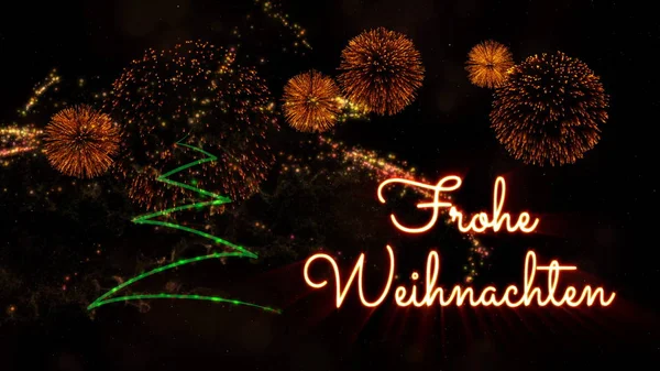 Frohe Weihnacht Über Tanne Mit Funkelnden Partikeln Und Feuerwerk Auf — Stockfoto