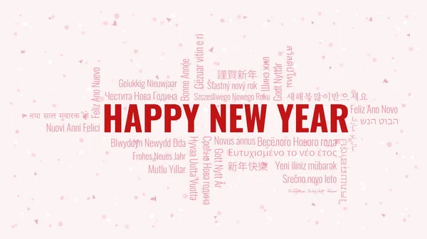 暗い雪背景に多くの言語で単語の雲と中国語で幸せな新年を本文 — ストックベクタ