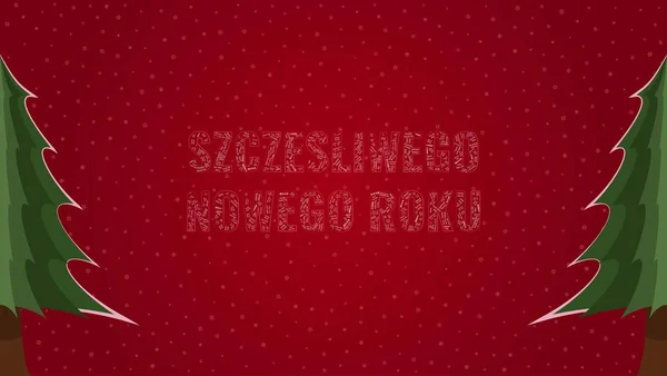 Happy New Year text in Polish 'Szczesliwego Nowego Roku' filled with 'Happy New Year' text in many different laguages on a red snowy background with pine trees on sides