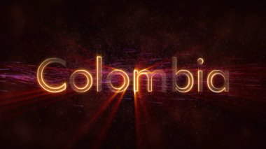 Kolombiya ülke adı metin animasyon - parlak ışınları ile dönen ve yıldız akan bir arka plan üzerinde metin kenarında döngü
